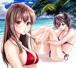  akagi_(kantai_collection) arms_between_legs bad_id bad_pixiv_id beach bikini blue_bikini breasts brown_hair cloud collarbone day eating food kaga_(kantai_collection) kantai_collection leg_lift long_hair looking_at_viewer medium_breasts multiple_girls ocean open_mouth outdoors palm_tree popsicle red_bikini sand side-tie_bikini side_ponytail sitting sky swimsuit tree u0709 