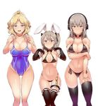  3girls :d animal_ears armlet arms_up ass_visible_through_thighs bangs bare_shoulders bikini black_bikini black_gloves black_legwear blonde_hair blue_eyes blue_swimsuit blush breast_hold breasts brown_eyes bunny_ears choker covered_navel covered_nipples cowboy_shot elbow_gloves girls_und_panzer gloves grey_hair hair_ribbon half-closed_eyes headphones itsumi_erika kay_(girls_und_panzer) large_breasts leg_garter looking_at_viewer medium_hair multiple_girls navel one-piece_swimsuit one_side_up open_mouth parted_bangs pocket_watch ribbon ribbon_choker shimada_arisu side-tie_bikini simple_background skindentation small_breasts smile strap_lift sweat swimsuit taut_clothes taut_swimsuit thighhighs undersized_clothes uo_denim watch white_background 