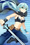  bad_id bad_pixiv_id belt binary black_footwear blue_hair blue_pants blurry boots bra breasts closed_mouth commentary expressionless eyebrows_visible_through_hair feet_out_of_frame fingerless_gloves gloves green_eyes hair_ornament hairclip holding holding_sword holding_weapon jenevan long_hair looking_at_viewer medium_breasts midriff navel official_art pants ponytail pouch scarf solo sword sword_girls underwear weapon 