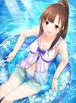  afloat ashita_(2010) babydoll bikini blue_innertube blush breasts brown_eyes brown_hair cleavage commentary_request idolmaster idolmaster_cinderella_girls idolmaster_cinderella_girls_starlight_stage innertube long_hair looking_at_viewer medium_breasts mizumoto_yukari navel open_mouth partially_submerged ponytail smile solo swimsuit 