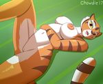  2017 anthro areola chowdie eyelashes feline female fur hi_res kung_fu_panda looking_at_viewer lying mammal master_tigress nipples on_back open_mouth pussy solo spread_legs spreading tiger 