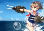  :d blue_eyes brown_hair day hair_ornament kantai_collection machinery maya_(kantai_collection) ocean open_mouth outdoors plan_(planhaplalan) pleated_skirt sailor_collar short_hair skirt sky sleeveless smile solo turret v-shaped_eyebrows white_sailor_collar white_skirt x_hair_ornament 