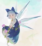  blue_dress blue_eyes blue_hair blue_wings cirno dated dress flower hair_ribbon highres ice ice_wings ipomoea looking_at_viewer morning_glory ribbon shihou_(g-o-s) short_hair signature smile solo sunflower touhou wings 