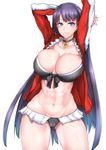  abs absurdres arms_up ass_visible_through_thighs bikini black_bikini breasts choker cleavage fate_(series) gggg highres large_breasts long_hair navel purple_hair saint_martha saint_martha_(swimsuit_ruler)_(fate) simple_background solo swimsuit thighs very_long_hair white_background 