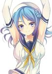  armpits arms_up bad_id bad_pixiv_id bare_shoulders blue_eyes blue_hair blush breasts commentary_request double_bun elbow_gloves gloves harimoji hat kantai_collection large_breasts long_hair looking_at_viewer pleated_skirt school_uniform serafuku skirt sleeveless smile solo urakaze_(kantai_collection) white_background white_gloves white_hat yellow_neckwear 