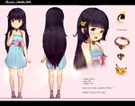  bad_id bad_pixiv_id banana_hair_ornament black_hair blue_dress character_profile character_sheet child collar diathorn dress food_themed_hair_ornament green_eyes hair_ornament hairclip highres long_hair multiple_views open_mouth original sandals smile sundress turnaround very_long_hair 