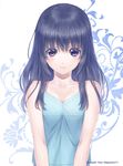  artist_name black_hair blue_eyes blue_shirt breasts cleavage collarbone highres long_hair looking_at_viewer original shiny shiny_skin shirt small_breasts smile solo standing taue_shunsuke upper_body white_background 