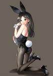  animal_ears ass backless_outfit bare_shoulders black_footwear black_hair black_legwear blush bunny_ears bunny_tail bunnysuit commentary_request eyebrows_visible_through_hair from_side full_body green_eyes grey_background hairband hand_up high_heels holding holding_tray katahira_masashi kneeling leg_up long_hair looking_at_viewer looking_back original pantyhose parted_lips pumps shoes simple_background smile solo tail thighs tray wrist_cuffs 