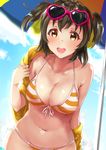  :d akagi_miria beach_umbrella bikini blue_sky blush breasts brown_eyes brown_hair cleavage cloud cloudy_sky collarbone commentary_request day dutch_angle eyewear_on_head front-tie_bikini front-tie_top halterneck heart heart-shaped_eyewear idolmaster idolmaster_cinderella_girls looking_at_viewer medium_breasts navel off_shoulder older open_mouth outdoors sg_(esujii) sky smile solo stomach string_bikini striped striped_bikini sunglasses swimsuit two_side_up umbrella 