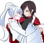  black_hair blue_eyes blush cape capelet carrying clenched_teeth dress frills grey_eyes long_sleeves looking_at_another multiple_girls ponekusan ponytail princess_carry red_cape ruby_rose rwby simple_background smile teeth weiss_schnee white_background white_hair wide_sleeves yuri 