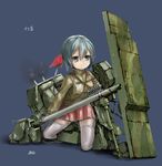  blue_background breasts cannon character_name highres imperial_japanese_army mecha_musume military o-i_superheavy_tank_series personification seiza shasu_(lastochka) shield signature simple_background sitting small_breasts solo uniform weapon world_of_tanks 