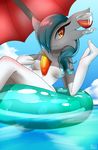  1girl alternate_color amber_eyes artist_name blue_hair blush breasts cloud collarbone covering_breasts drink drinking_glass gardevoir glass hair_censor hair_over_one_eye hand_on_own_chest hands_up innertube looking_to_the_side medium_breasts no_humans nude ocean outdoors pokemon pokemon_(creature) pokemon_rse rilex_lenov shiny_pokemon sitting sky solo telekinesis text umbrella water 