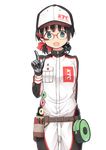 baseball_cap belt black_hair blue_eyes commentary_request glasses gloves hat highres jumpsuit katie-chan kyoto_tool long_hair mascot mechanic ponytail smile solo tools transparent_background 