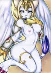  2015 breasts cat claws clothing digimon digitigrade egyptian eroberry feathered_wings feathers feline female gloves grey_eyes looking_at_viewer mammal navel nefertimon nipples solo sphinx watermark white_body wings 