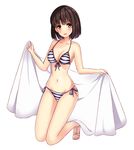  1girl bikini breasts brown_eyes brown_hair front-tie_top frontera full_body katou_megumi kneeling large_breasts looking_at_viewer open_mouth saenai_heroine_no_sodatekata sarong short_hair side-tie_bikini simple_background solo striped striped_bikini swimsuit white_background 