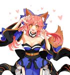  :3 animal_ears bell blue_legwear blush breasts cleavage collarbone detached_sleeves fate/extra fate/grand_order fate_(series) fox_ears fox_tail hair_ribbon heart highres japanese_clothes large_breasts long_hair looking_at_viewer open_mouth pink_hair ribbon savi_(byakushimc) simple_background solo tail tamamo_(fate)_(all) tamamo_no_mae_(fate) white_background yellow_eyes 