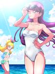  aqua_bikini ass bikini blonde_hair blue_eyes breasts casual_one-piece_swimsuit cloud cowboy_shot day earrings eyewear_on_head from_behind hairband hand_on_hip horizon jewelry kirahoshi_ciel kirakira_precure_a_la_mode kotozume_yukari light_rays long_hair looking_at_viewer medium_breasts multiple_girls ocean one-piece_swimsuit one_eye_closed precure purple_eyes purple_hair sky small_breasts standing star star_print strapless strapless_swimsuit sunbeam sunglasses sunlight swimsuit tj-type1 white_swimsuit 