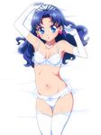  bad_id bad_pixiv_id bangs bare_shoulders bed_sheet blue_eyes blue_hair blush bra commentary_request earrings elbow_gloves feet_out_of_frame frilled_bra frilled_hairband frilled_panties frills from_above gloves hairband heart heart_earrings jewelry kirakira_precure_a_la_mode long_hair looking_at_viewer lying navel on_bed panties parted_lips poncho_s precure solo tategami_aoi thighhighs underwear white_bra white_gloves white_panties 