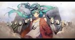  back-to-back blue_hair bomber_jacket coat dual_persona dust_cloud earrings eyewear_on_head green_eyes green_hair hands_in_pockets hatsune_miku highres hood hooded_jacket hoodie horns jacket jewelry letterboxed long_hair looking_at_another mask skull_mask sogawa suna_no_wakusei_(vocaloid) sunglasses twintails vocaloid 