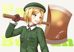  axe blonde_hair blush brown_gloves character_name fate/grand_order fate_(series) gloves green_hat hat holding holding_axe holding_weapon looking_away mugipot open_mouth paul_bunyan_(fate/grand_order) short_hair smile solo upper_body weapon yellow_eyes 