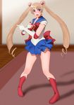  1girl aquila_yuna bishoujo_senshi_sailor_moon blonde_hair blue_eyes blue_skirt blush boots breasts carpet choker cosplay double_bun earrings feet full_body gloves highres indoors legs long_hair looking_at_viewer open_mouth posing red_boots sailor_moon_(cosplay) saint_seiya saint_seiya_omega serafuku shadow skirt solo standing thighs tiara twintails white_gloves yadokari_genpachirou 