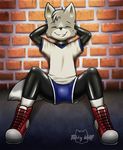  bulge canine clothing cub cute footwear male mammal rubber shoes short sneakers tobby tobby_wolf(cubrubber) uniform wolf young 
