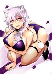  absurdres agetama animal_ears ass bikini black_bullet breasts cat_ears cleavage fishnet_legwear fishnets fuse_midori high_heels highres huge_breasts older open_mouth purple_bikini purple_eyes purple_hair slit_pupils solo swimsuit teeth thighhighs 