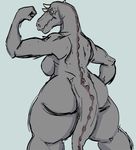  2017 anthro big_breasts big_butt breasts butt dinosaur exposed_breasts female guayo looking_back muscular scalie side_boob sketch solo standing 