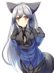  :o animal_ears bangs black_bow black_gloves black_legwear black_neckwear black_skirt blue_jacket bow bowtie breasts buttons commentary_request cowboy_shot eyebrows_visible_through_hair fox_ears fox_tail fur_trim gloves highres jacket kemono_friends liya long_hair long_sleeves looking_at_viewer medium_breasts off_shoulder pantyhose parted_lips pleated_skirt silver_fox_(kemono_friends) silver_hair simple_background skirt solo tail white_background yellow_eyes 