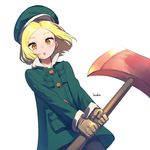  artist_name axe beret blonde_hair coat fate/grand_order fate_(series) fumiko_(throughx2) gloves green_coat hat holding holding_weapon looking_at_viewer paul_bunyan_(fate/grand_order) short_hair solo weapon white_background yellow_eyes 