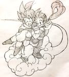  2boys baby black_eyes black_hair boots chi-chi_(dragon_ball) chinese_clothes dougi dragon_ball dragon_ball_z family father_and_son flying flying_nimbus happy long_hair monochrome mother_and_son multiple_boys nervous open_mouth ponytail short_hair simple_background smile son_gohan son_gokuu spiked_hair tkgsize wristband 