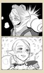  2koma animal_costume backpack bag before_and_after blush choker close-up closed_eyes comic commentary dungeon_meshi elf frog_costume greyscale hood hood_down hood_up looking_away marcille monochrome multiple_views parted_lips pointy_ears smile sweatdrop tatara tied_hair 
