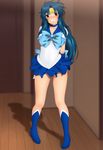  1girl arms_behind_back bishoujo_senshi_sailor_moon black_eyes blue_boots blue_hair blue_skirt blush boots breasts chidori_kaname choker clenched_teeth cosplay embarrassed feet full_body full_metal_panic! gloves highres indoors legs long_hair looking_at_viewer sailor_mercury_(cosplay) serafuku shadow skirt solo standing thighs tiara wooden_floor yadokari_genpachirou 