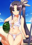  bangs barefoot beach bikini blue_eyes blurry blush breasts chaldea_lifesavers closed_mouth cloud collarbone commentary_request day depth_of_field eyebrows_visible_through_hair fate/grand_order fate_(series) food front-tie_bikini front-tie_top fruit fundoshi holding holding_food holding_fruit japanese_clothes jitome kneeling long_hair looking_at_viewer navel ocean out_of_frame outdoors p!nta parted_bangs purple_hair side_ponytail sky small_breasts smile solo_focus swimsuit thigh_gap thighs ushiwakamaru_(fate/grand_order) very_long_hair water watermelon whistle white_bikini 