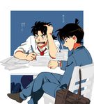  2boys annoyed blue_eyes brown_eyes brown_hair chair holding_head homework japanese kindaichi_hajime kindaichi_shonen_no_jikenbo kindaichi_shounen_no_jikenbo kudou_shin&#039;ichi looking multiple_boys necktie open_mouth paper pen ponytail school_back school_uniform short_hair sitting sitting_on_chair stress stressed student table teeth text tie time together translation_request wrist_watch 