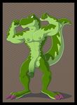  abs anthro anti_dev athletic balls biceps big_penis biped black_border border claws dinosaur flexing green_balls green_nipples green_penis green_skin half-erect hi_res humanoid_penis kane_(kfdp) kung_fu_dino_posse male muscular muscular_male nipples nude pecs penis reptile scalie simple_background smile solo standing teeth theropod toe_claws tyrannosaurus_rex yellow_eyes 