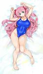  bare_arms bare_legs bare_shoulders barefoot blue_eyes blush breasts cleavage commentary_request competition_swimsuit full_body hair_ribbon haramura_nodoka highleg highleg_swimsuit highres huge_breasts kiyama_satoshi long_hair looking_at_viewer lying on_back one-piece_swimsuit parted_lips pink_hair red_ribbon ribbon saki solo swimsuit thigh_gap two_side_up very_long_hair 