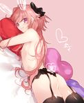  :3 alternate_hairstyle ass astolfo_(fate) back bangs black_bow black_panties blush bow citron_82 closed_mouth commentary dated dutch_angle eyebrows_visible_through_hair fate/apocrypha fate_(series) garter_straps hair_bow hair_intakes heart long_hair looking_at_viewer looking_back lying male_focus nipples on_stomach otoko_no_ko panties pillow pillow_hug pink_hair purple_eyes shirtless sidelocks smile solo thighs underwear 