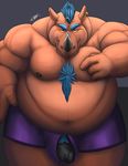  anthro balls belly biceps big_belly big_biceps big_muscles big_penis blue_hair body_hair brown_eyes chest_hair clothed clothing ear_piercing front_view galvinwolf hair half-erect hand_on_chest hand_on_thigh hi_res horn horny_(disambiguation) humanoid_penis looking_at_viewer male mammal manly mature_male mohawk mordechai musclechub musclegut muscular muscular_male nipples overweight partially_retracted_foreskin pecs penis piercing pose pubes relaxing rhinoceros simple_background smile solo thick_penis topless uncut underwear vein 