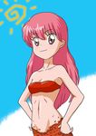  1girl akazukin_chacha arm bare_arms bare_shoulders bikini black_eyes bra breasts cleavage closed_mouth cloud collarbone eyebrows_visible_through_hair female hair_between_eyes hands_on_hips long_hair looking_at_viewer marin mermaid midriff navel neck pink_hair red_bikini red_swimsuit sky small_breasts smile solo standing strapless strapless_bikini strapless_swimsuit sun swimsuit 
