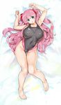  bare_arms bare_legs bare_shoulders barefoot blue_eyes blush breasts cleavage commentary_request competition_swimsuit full_body hair_ribbon haramura_nodoka highleg highleg_swimsuit highres huge_breasts kiyama_satoshi long_hair looking_at_viewer lying on_back one-piece_swimsuit parted_lips pink_hair red_ribbon ribbon saki solo swimsuit thigh_gap two_side_up very_long_hair 