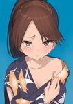  blue_background blush brown_eyes brown_hair collarbone commentary eyebrows_visible_through_hair frown highres japanese_clothes kantai_collection kimono looking_at_viewer masukuza_j ponytail shikinami_(kantai_collection) short_hair solo yukata 