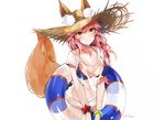  animal_ears bad_id bad_pixiv_id bikini blue_bikini blush breasts cleavage ears_through_headwear fate/extra fate/grand_order fate_(series) food fox_tail hat innertube large_breasts long_hair looking_at_viewer pink_hair see-through shirt simple_background smile solo straw_hat sun_hat swimsuit t-shirt tail tamamo_(fate)_(all) tamamo_no_mae_(fate) tamamo_no_mae_(swimsuit_lancer)_(fate) wet wet_clothes wet_shirt wet_t-shirt white_background yellow_eyes yumaomi 