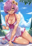  :d arm_support beach black-framed_eyewear blanket blue_sky blush bow bow_swimsuit breasts casual_one-piece_swimsuit cleavage cloud cloudy_sky collarbone commentary dappled_sunlight day dress_swimsuit eyes_visible_through_hair fate/grand_order fate_(series) flower glasses hair_flower hair_ornament hair_over_one_eye halterneck head_tilt holding holding_spoon horizon lavender_hair looking_at_viewer mash_kyrielight medium_breasts ocean one-piece_swimsuit open_mouth outdoors purple_bow purple_eyes rong_yi_tan shaved_ice short_hair sitting sky smile solo spoon summer sunflower sunlight swimsuit swimsuit_of_perpetual_summer tree white_swimsuit yokozuwari 