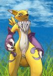  2017 3_fingers absurd_res black_nose black_sclera canine claws clitoris clothing cloud digimon dripping facial_markings fangs female fluffy fur gloves grass hi_res mammal markings open_mouth outside presenting presenting_vagina pullmytail pussy renamon sky smile solo standing yellow_eyes yellow_fur 