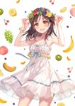  apple banana black_hair brown_eyes cherry dress food fruit fukahire_(ruinon) grapes head_wreath lemon long_hair looking_at_viewer melon orange original peach pineapple ribbon sleeveless sleeveless_dress smile solo strawberry sundress white_dress 