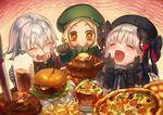  black_gloves blonde_hair blush closed_eyes commentary_request cup fate/apocrypha fate/grand_order fate_(series) food food_on_face fork french_fries galibo gloves hamburger jack_the_ripper_(fate/apocrypha) long_hair mug multiple_girls nursery_rhyme_(fate/extra) open_mouth paul_bunyan_(fate/grand_order) pizza short_hair silver_hair smile sparkle yellow_eyes 