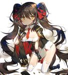  bad_id bad_pixiv_id black_hair blue_bow blush bow breasts brown_hair cleavage closed_mouth eyebrows_visible_through_hair girls_frontline hair_bow highres large_breasts long_hair looking_at_viewer necktie qbz-97_(girls_frontline) red_bow red_neckwear solo thighhighs twintails white_legwear yellow_eyes yuuko_(030_yuko) 