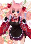  :d animal_ears apron bakeneko bell blue_eyes cat_ears cat_tail eyepatch fang gloves gomashi_(goma) hair_bell hair_ornament hair_ribbon japanese_clothes jingle_bell long_hair looking_at_viewer multiple_tails open_mouth original paw_pose pink_hair ribbon smile solo tail two_tails wide_sleeves 