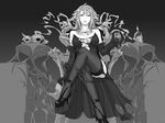  bare_shoulders breasts cleavage crossed_legs cup drinking_glass greyscale high_heels highres long_hair looking_at_viewer medium_breasts monochrome original pointy_ears saba_no_misoni_(doddosi) sitting skull solo thighhighs third_eye very_long_hair wine_glass 